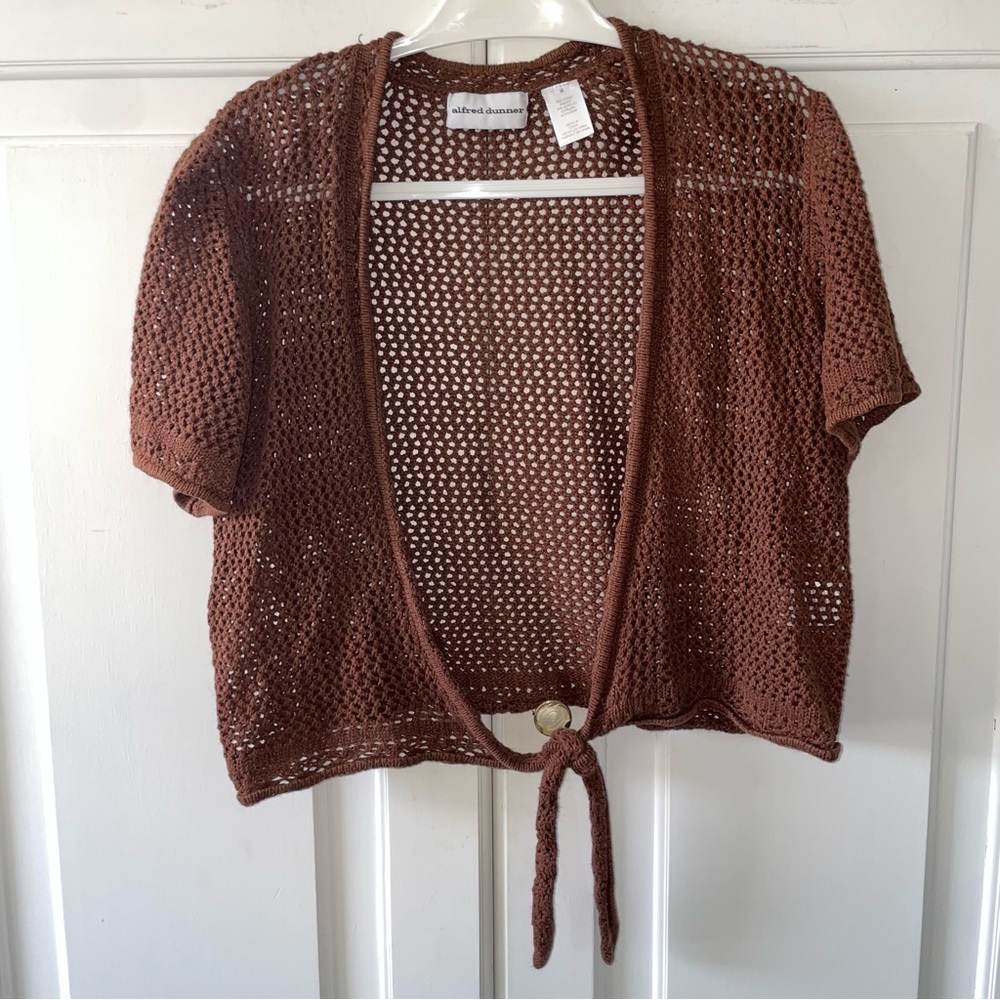 Alfred Dunner Brown Crochet Tie Cardigan Top